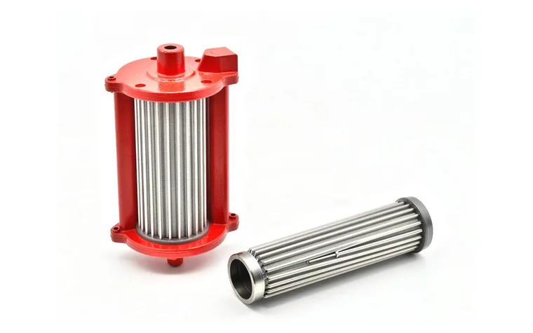 Carcasa hidráulica roja y elemento filtrante de malla de acero