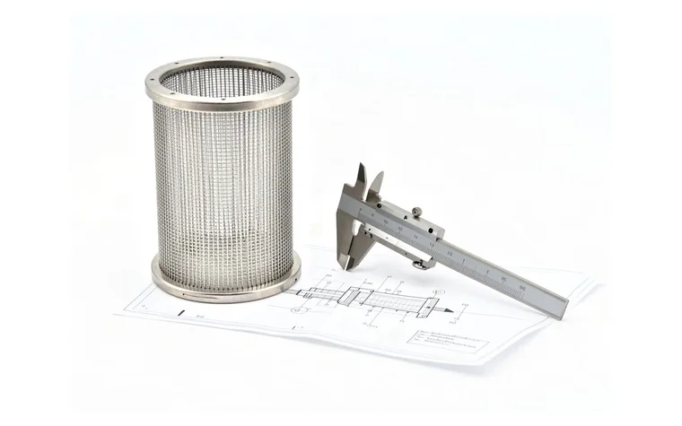 Elemento filtrante de acero inoxidable hecho a medida, junto a un calibre y un plano técnico