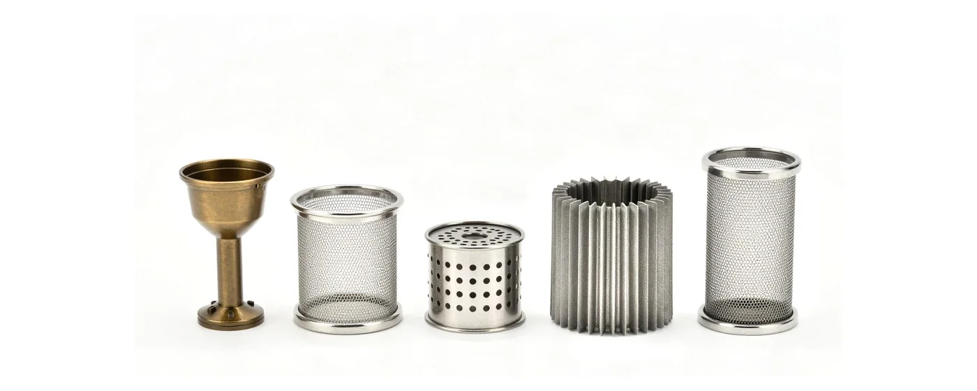 Distintos elementos filtrantes fabricados a medida: cuerpo de bronce, canastos de malla, cartucho perforado y elemento plisado